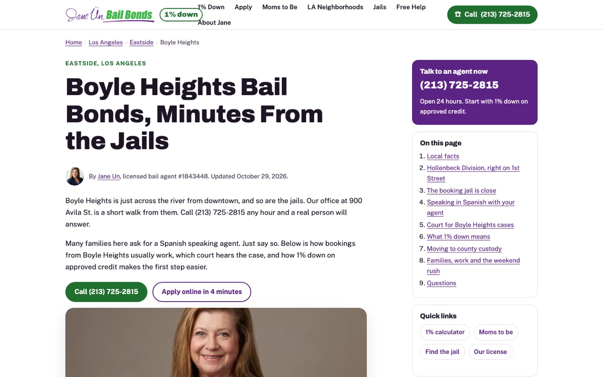 The Boyle Heights bail bonds page on 1bailbond.com with its breadcrumb trail and links to the nearby jail and station