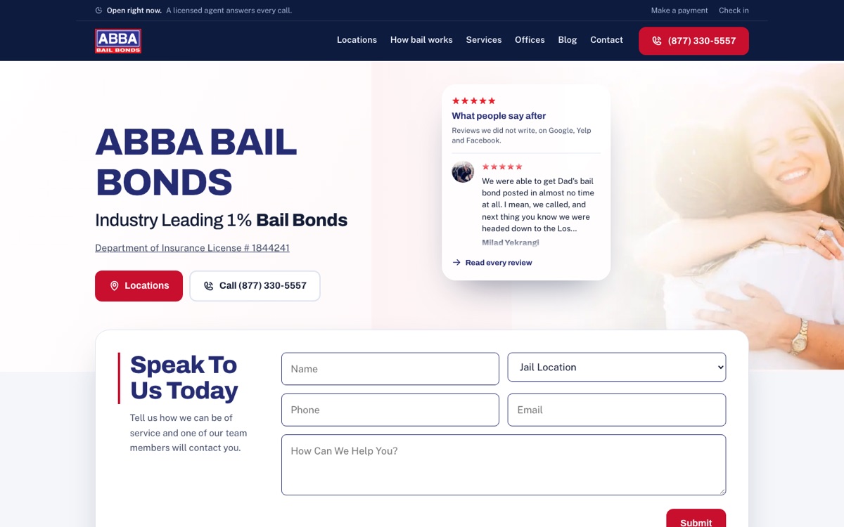 The rebuilt ABBA Bail Bonds home page with the headline Industry Leading 1% Bail Bonds, the Department of Insurance license number and a review card