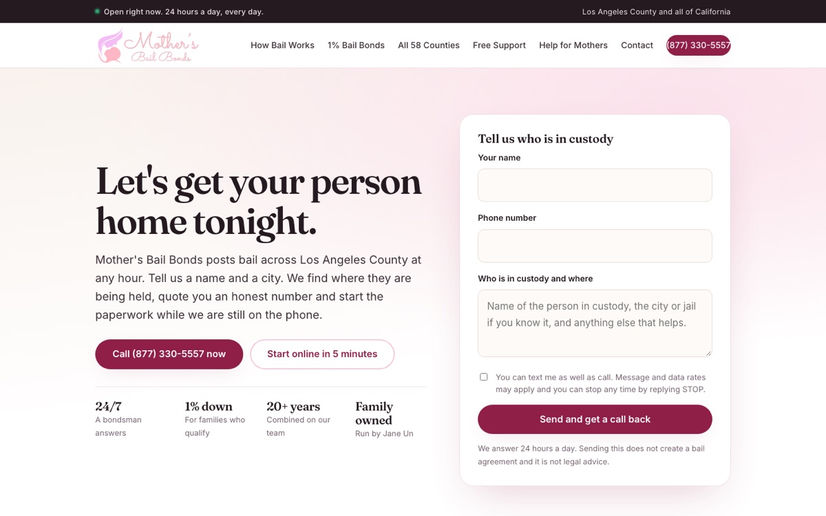 The new Mother's Bail Bonds home page with the headline Let's get your person home tonight, a call button and a short custody form