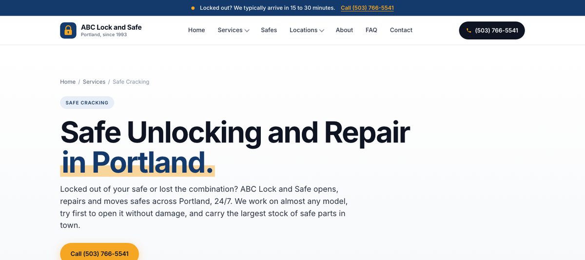 The safe unlocking and repair page on abclockandsafe.com
