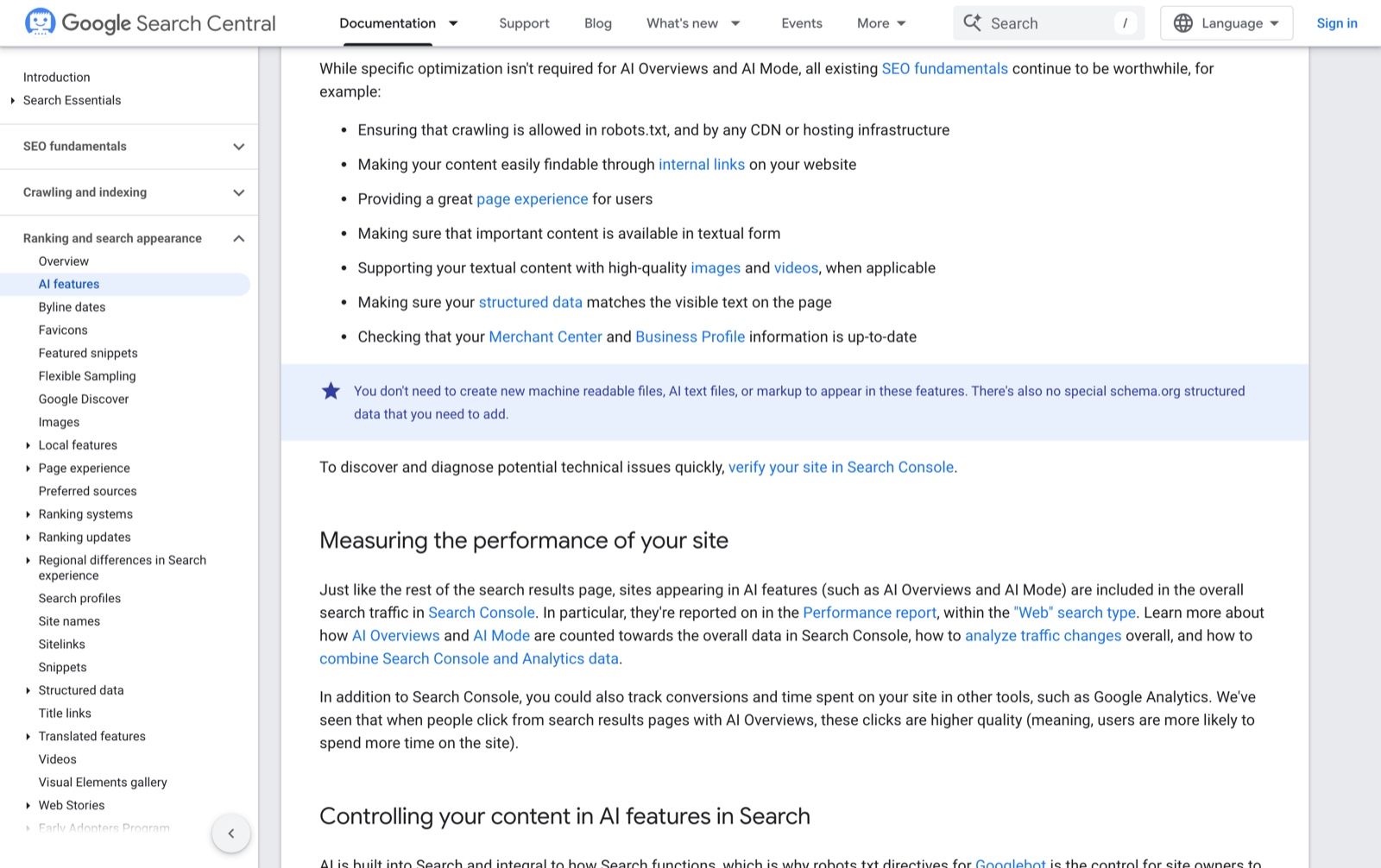 Google Search Central AI features page with a list of SEO basics and a highlighted note that you do not need to create new machine readable files, AI text files or markup to appear in these features