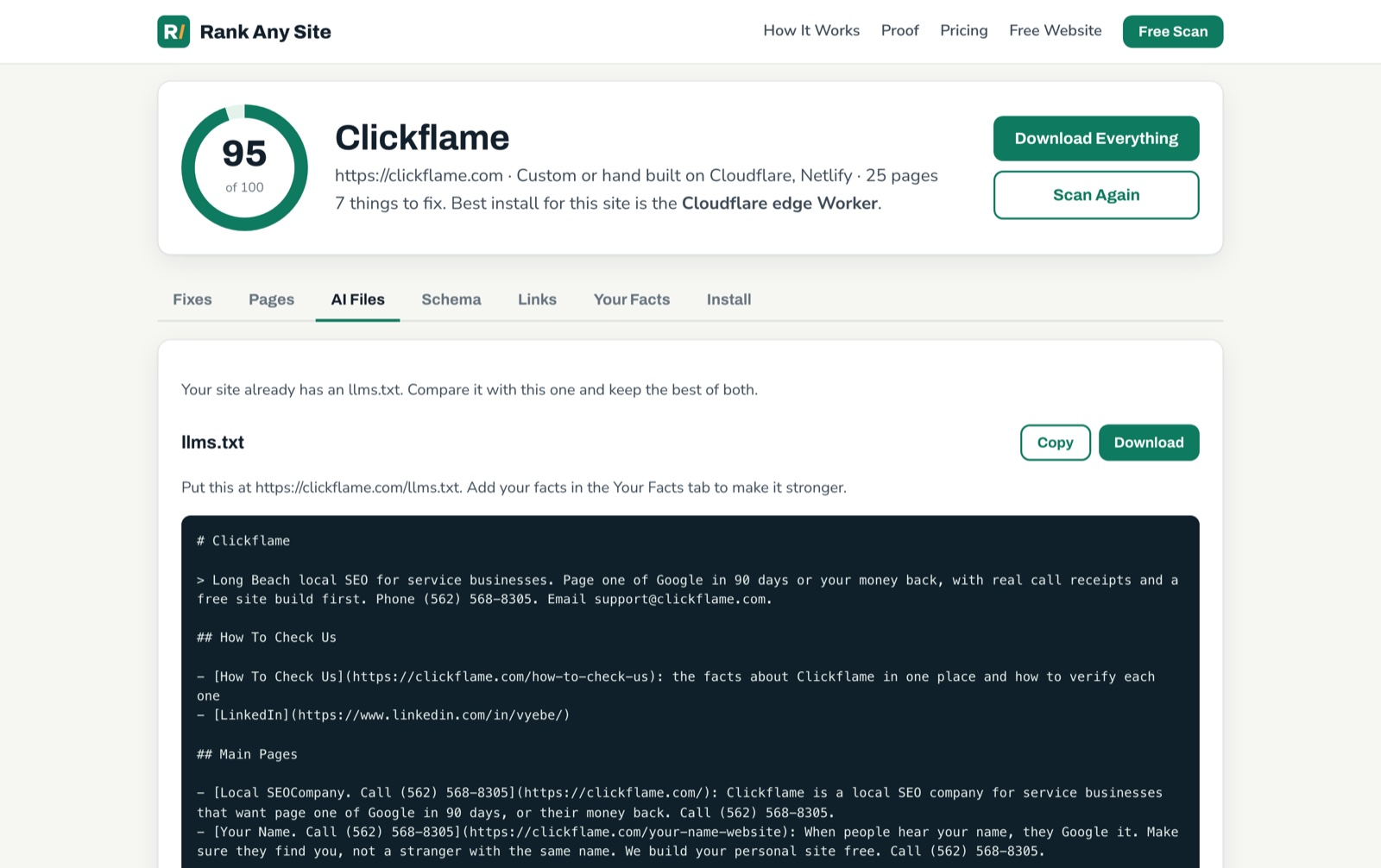 Rank Any Site AI Files tab showing a generated llms.txt for clickflame.com with a summary line, a How To Check Us section and a Main Pages list, plus Copy and Download buttons