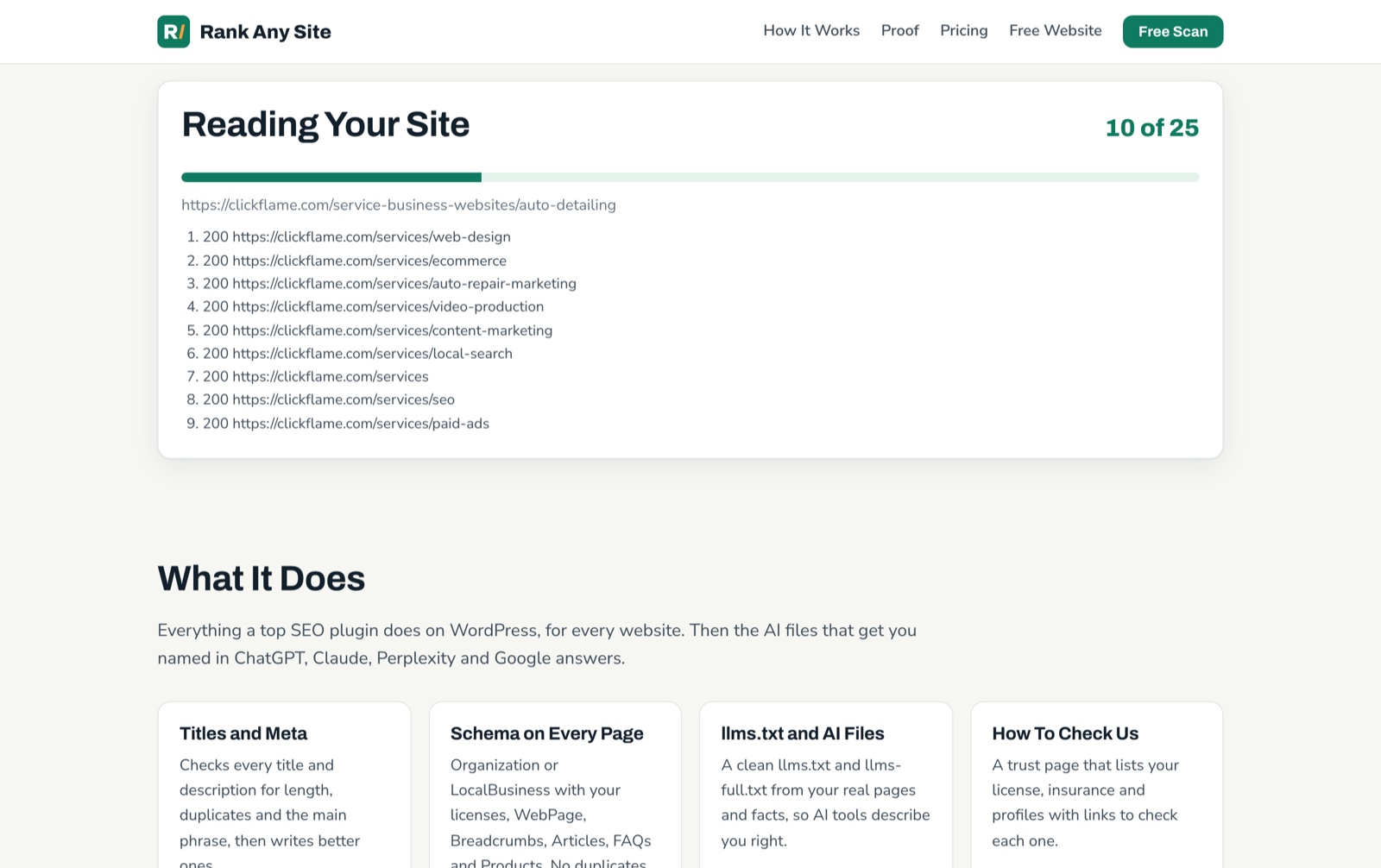 Rank Any Site scan in progress titled Reading Your Site, 10 of 25 pages read, with a list of pages each returning a 200 status code
