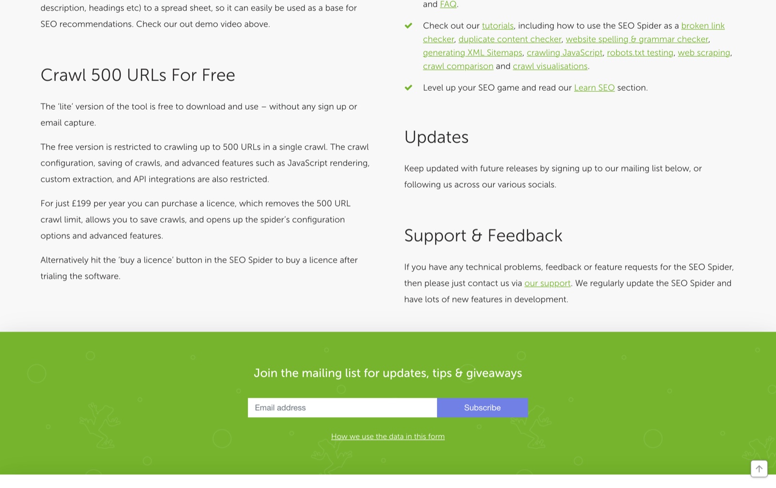 Screaming Frog SEO Spider page section titled Crawl 500 URLs For Free, saying the lite version needs no sign up and a license is 199 pounds per year