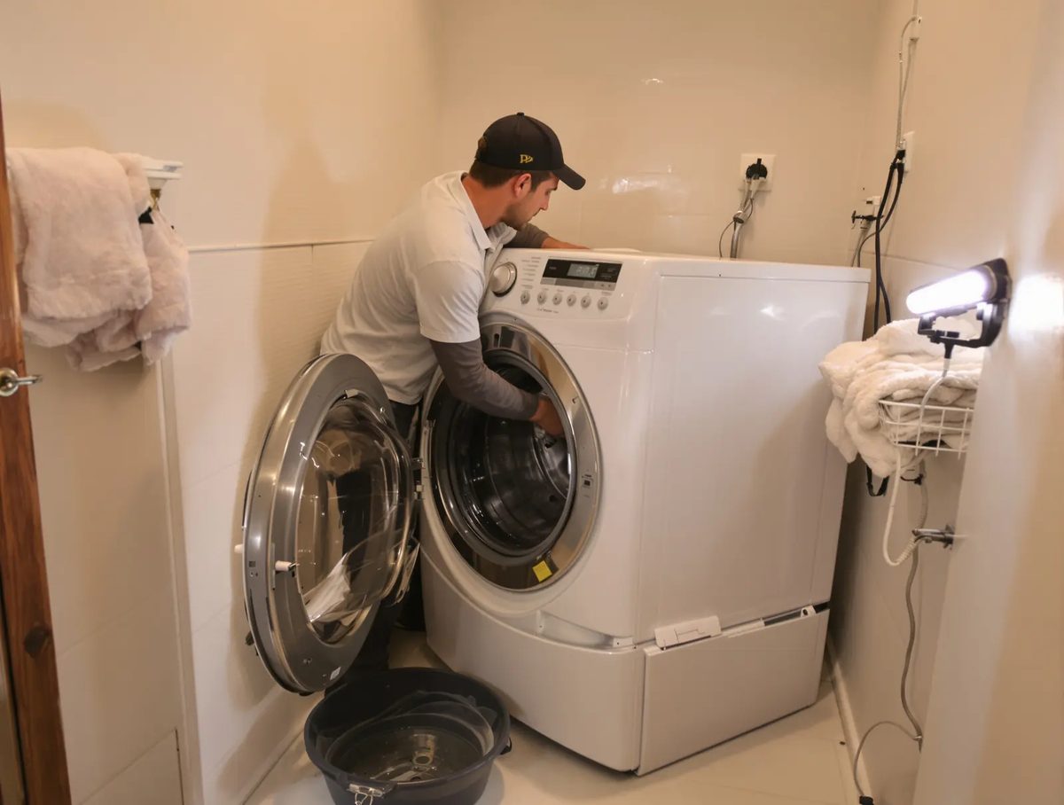 A technician kneeling at an open front load washer in a laundry room, a work light on the dryer