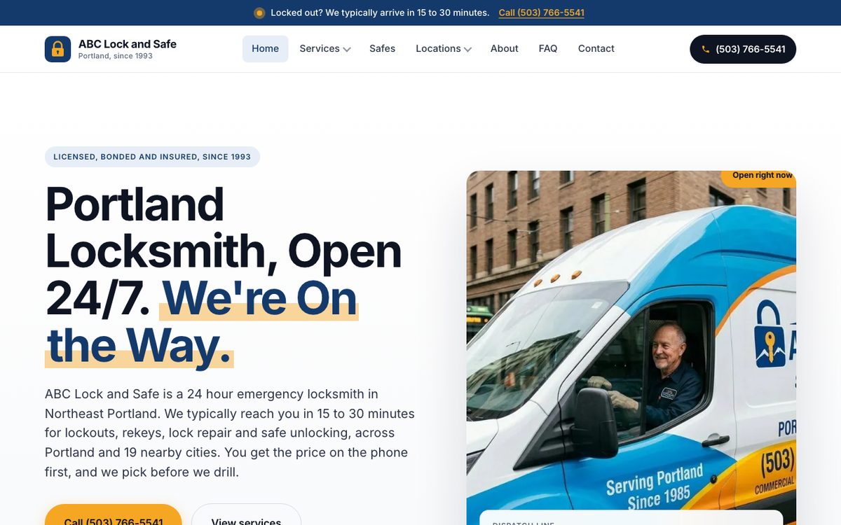 The ABC Lock and Safe home page with a Portland Locksmith, Open 24/7 headline, a call button and a photo of the service van