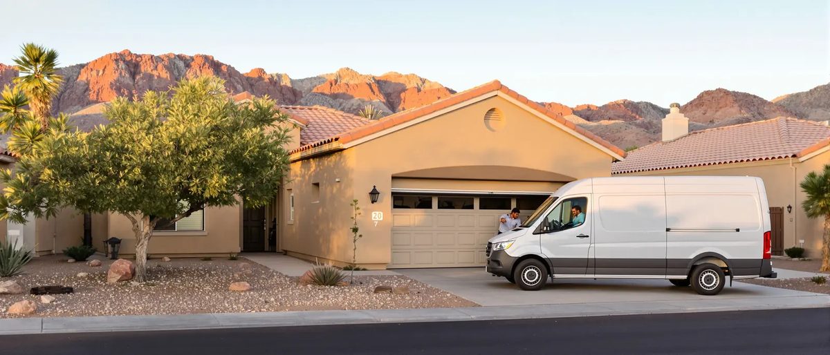 A white service van parked in front of a stucco house in a desert neighborhood