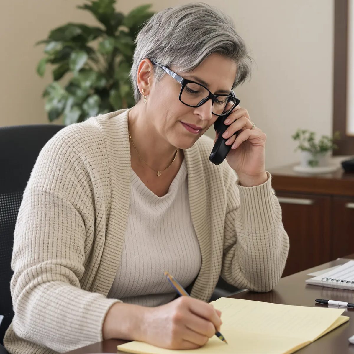 A woman at an office desk on a phone call, writing notes on a yellow pad