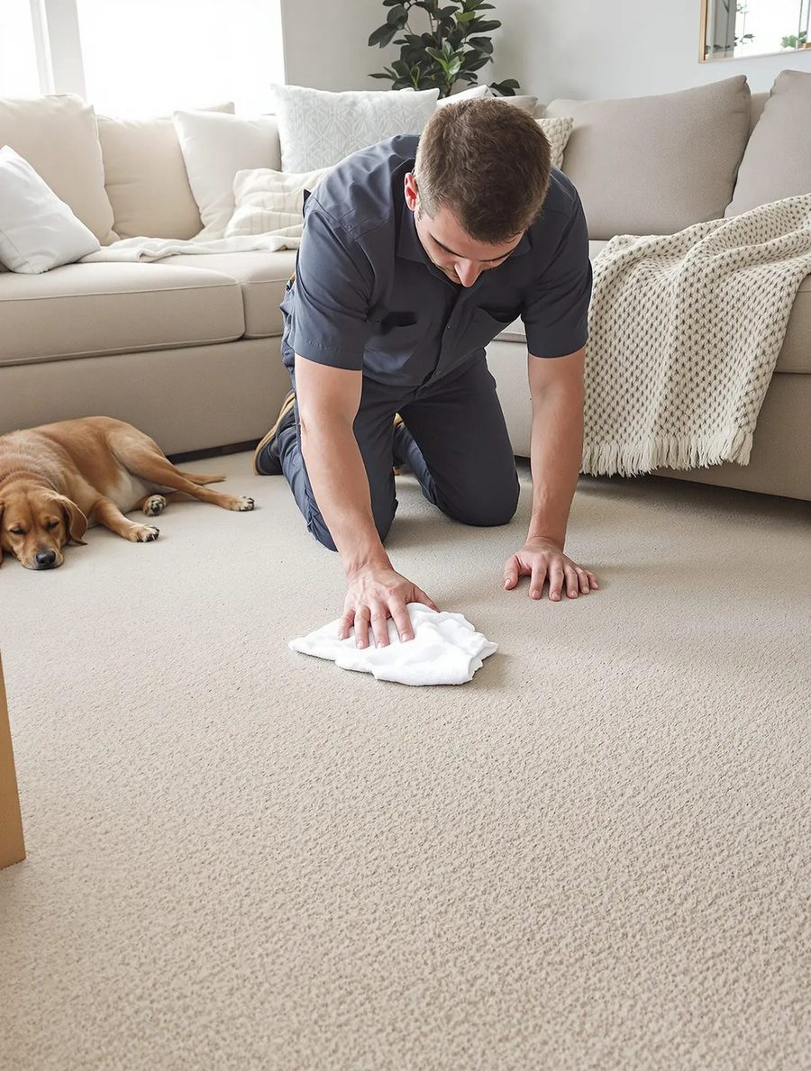 A carpet cleaner on his knees blotting a spot on a light carpet with a white cloth, a dog resting nearby