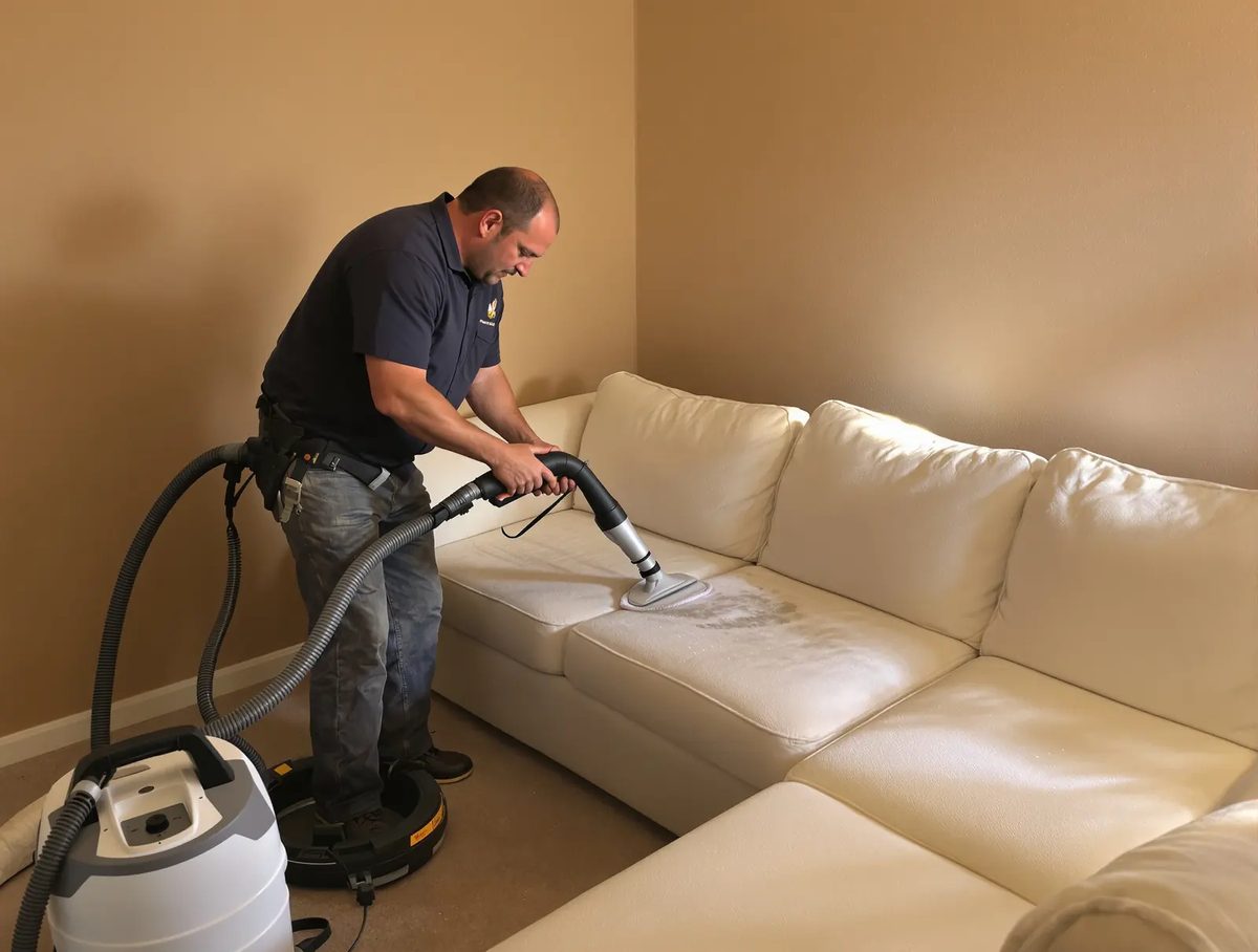 A technician cleaning a white sectional sofa with a hand tool and a portable extractor