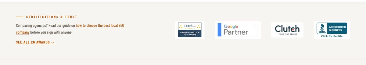 The Clickflame homepage trust strip with Bark Elite Pro, Google Partner, Clutch and BBB Accredited Business badges