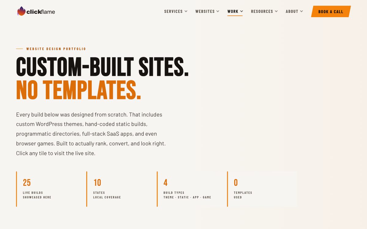 The Clickflame portfolio page headed Custom Built Sites, No Templates, with counts of 25 live builds, 10 states, 4 build types and 0 templates