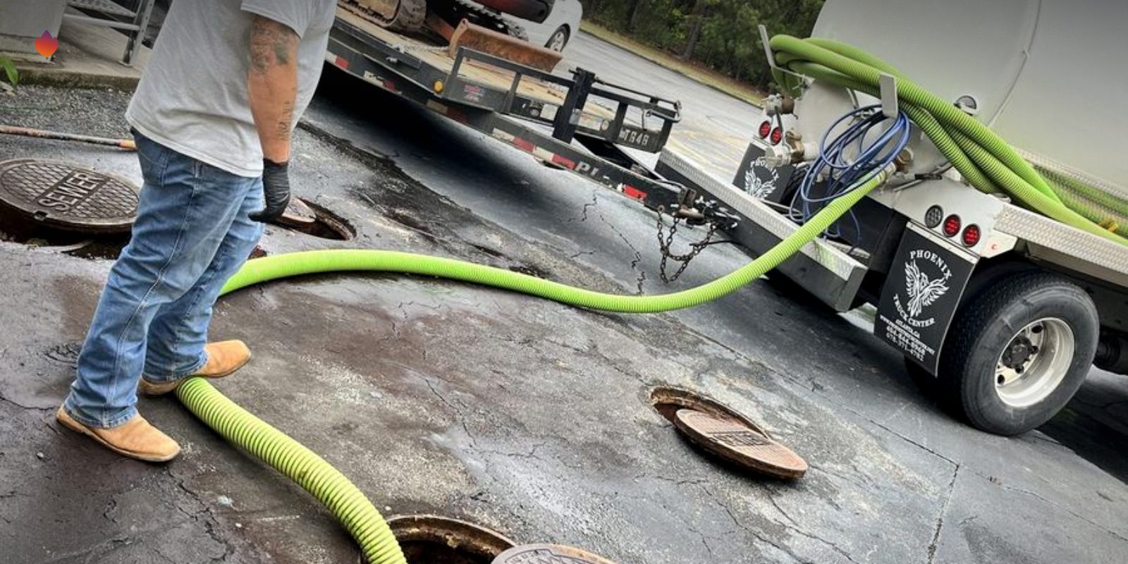 A septic tech running a pump out hose from a vacuum truck to an open tank