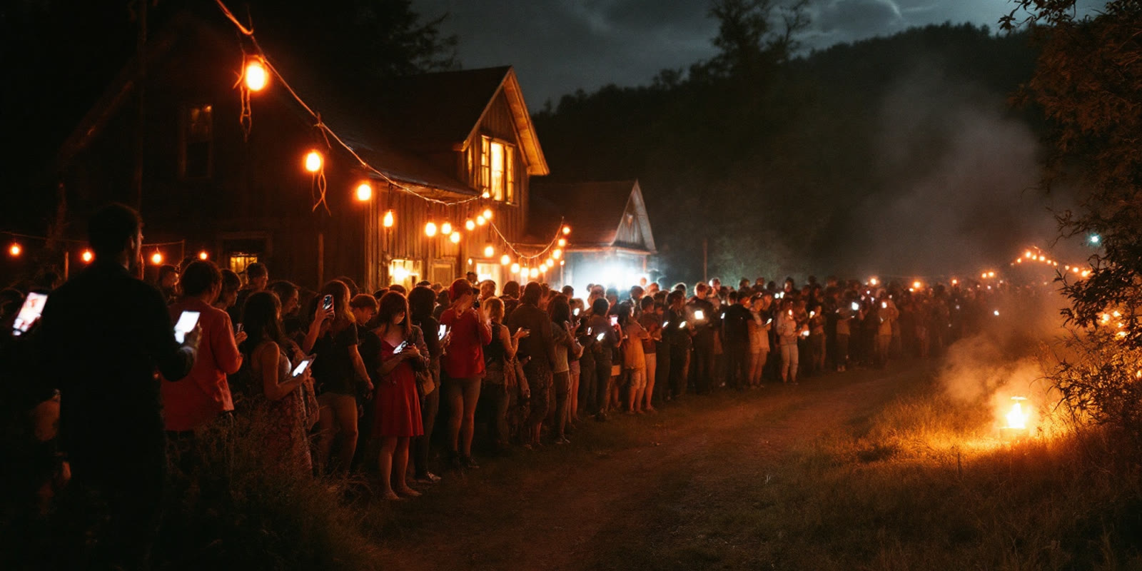A long line of guests outside a farmhouse haunted attraction at night, string lights and fog