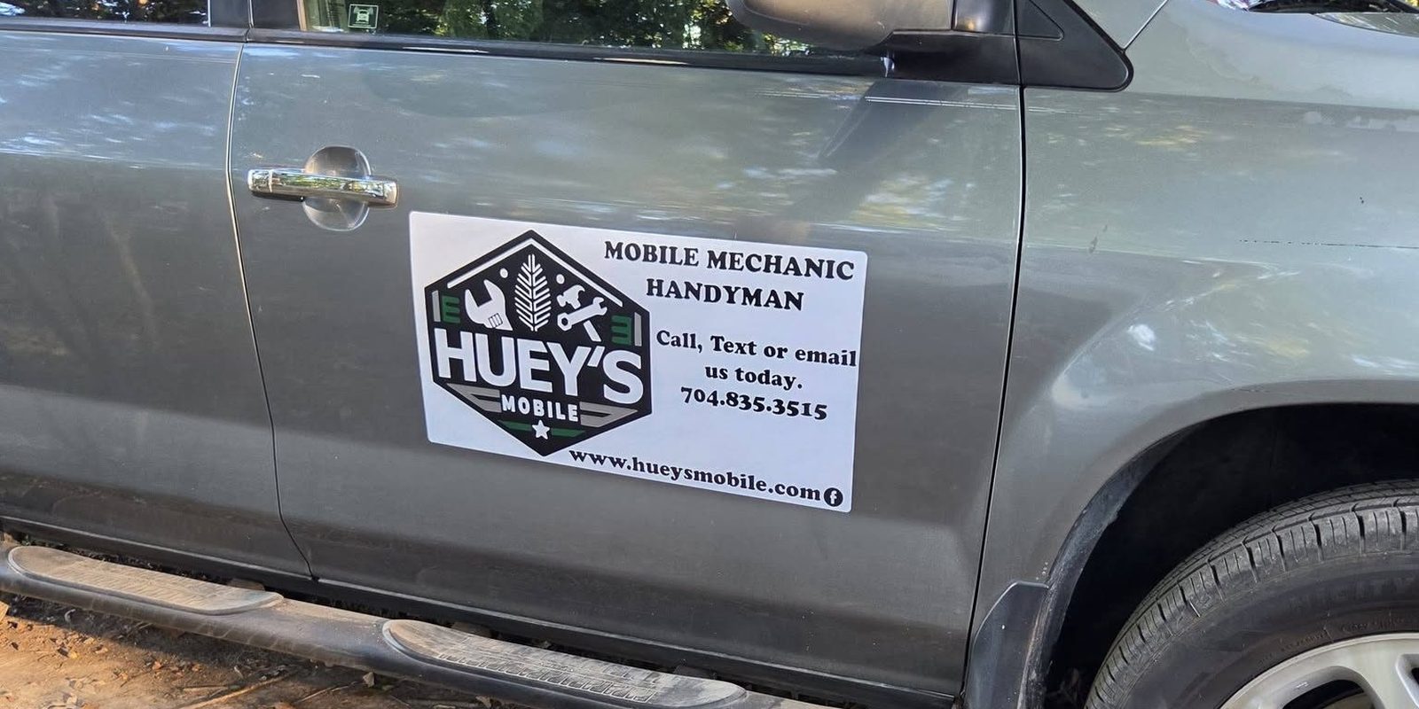 The Huey's Mobile magnet on Brian Huey's work vehicle