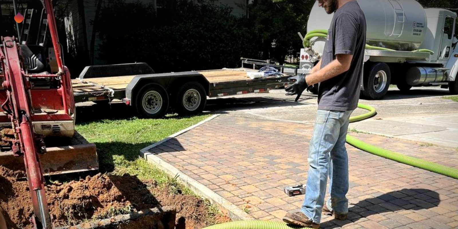 A septic tech pulling a pump out hose across a paver driveway, with a vacuum truck and a mini excavator behind him