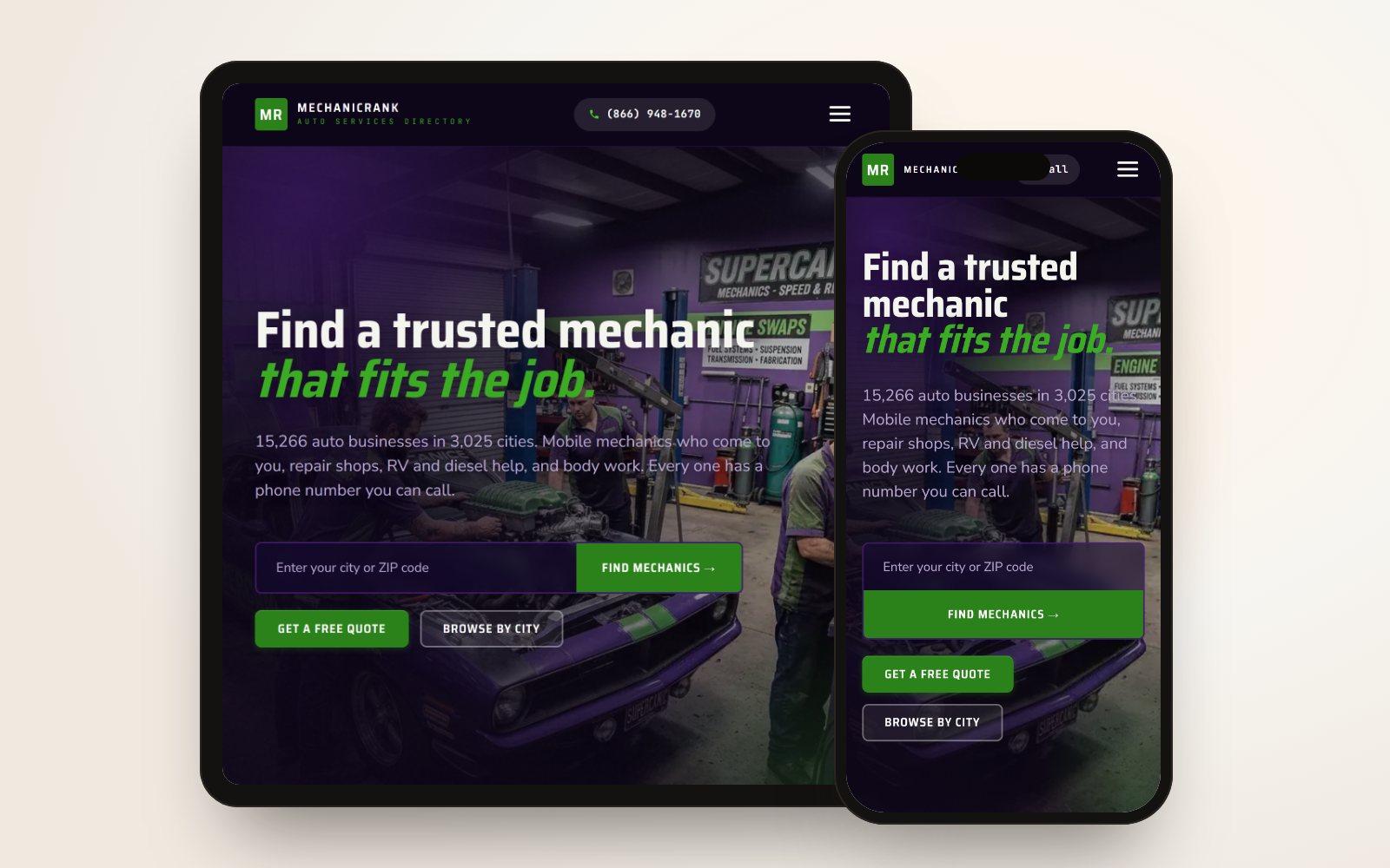 mechanicrank.com on a tablet and a phone