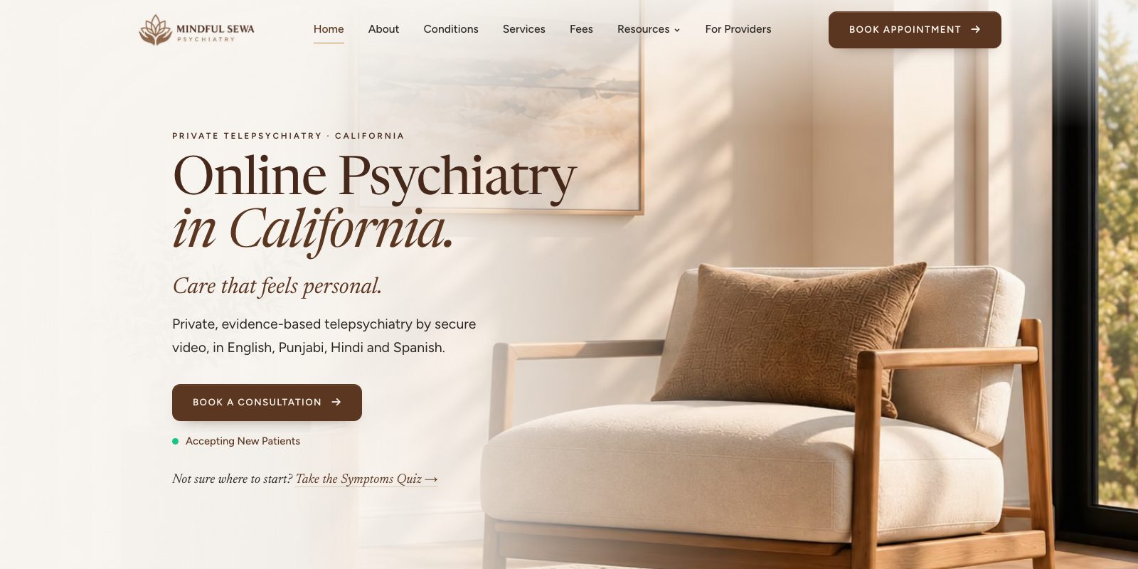 The Mindful Sewa Psychiatry home page, online psychiatry in California, care that feels personal