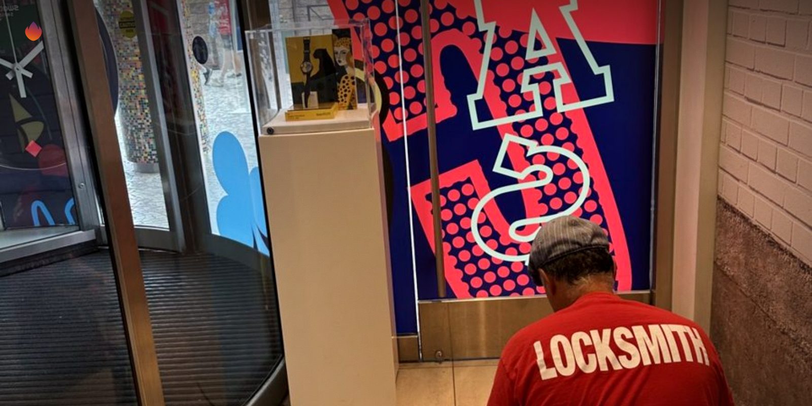 A Silver State Locksmith tech in a red Locksmith shirt kneeling at a store door
