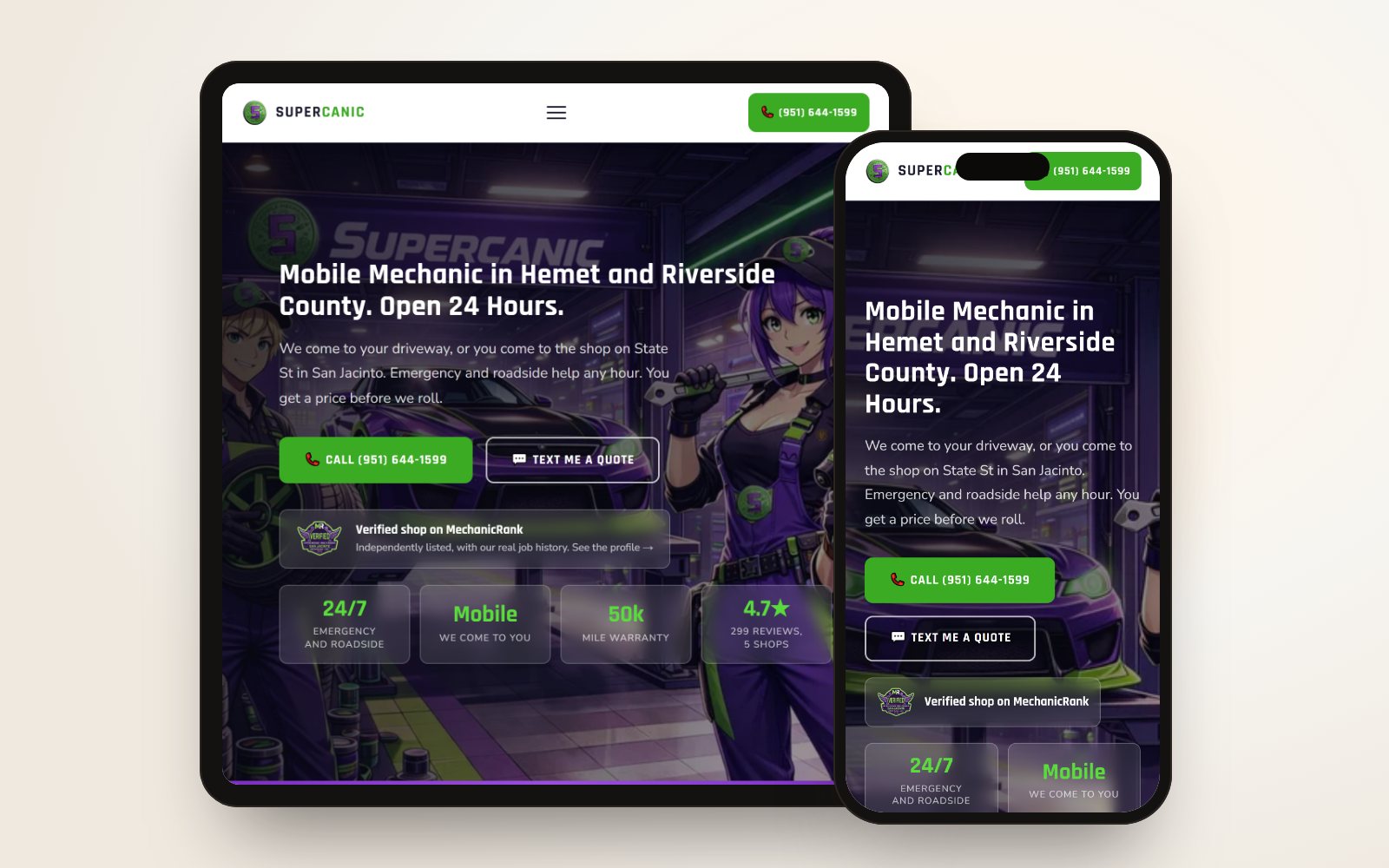 supercanic.com on a tablet and a phone