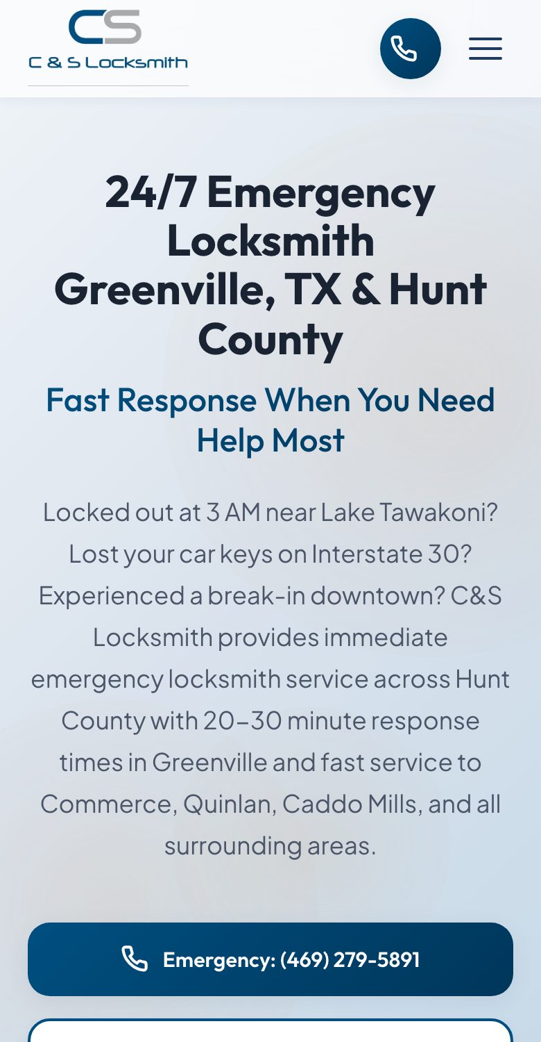 The 24/7 emergency locksmith page on cslocksmith.com, viewed on a phone
