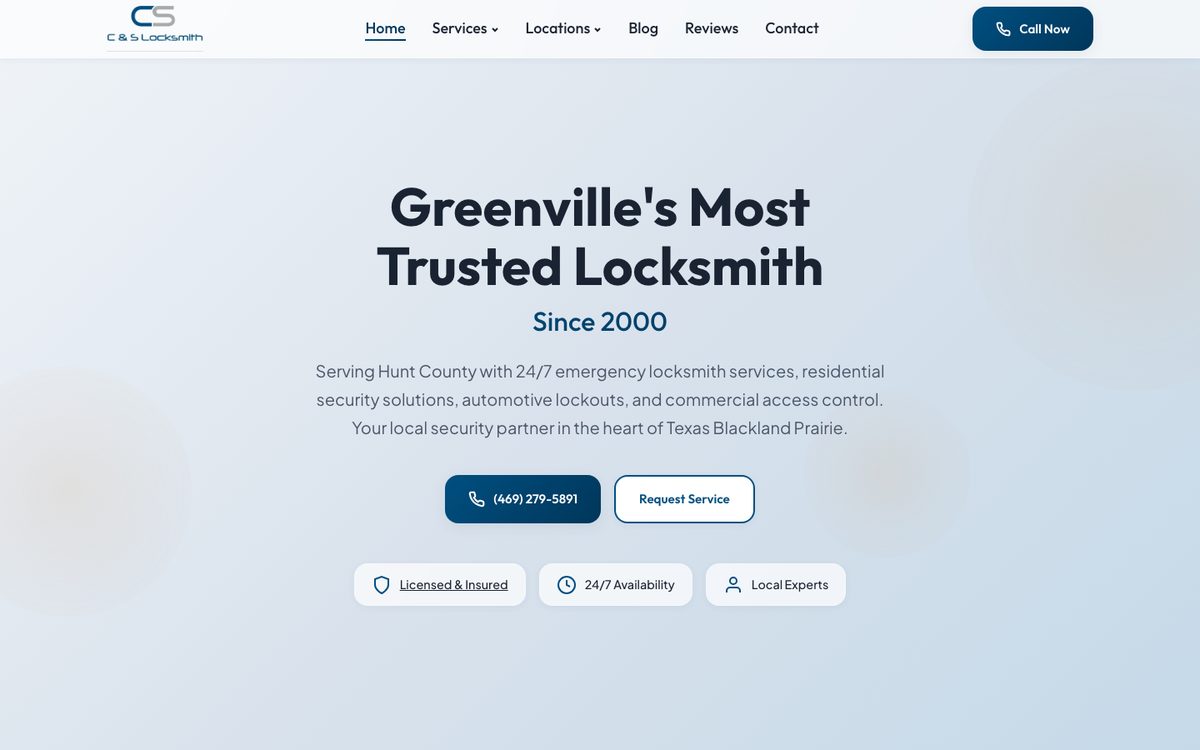The cslocksmith.com homepage: Greenville's Most Trusted Locksmith, Since 2000, with Licensed and Insured, 24/7 and local badges