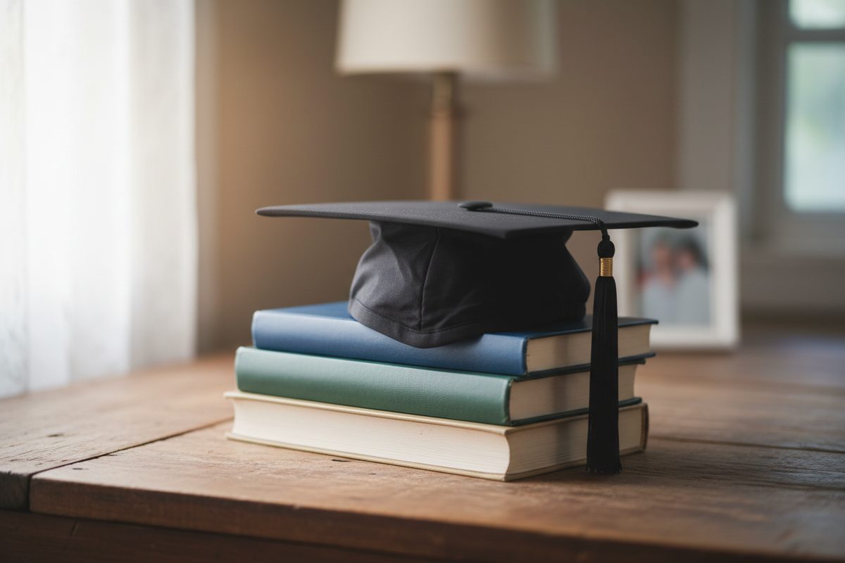 A black graduation cap resting on a short stack of hardcover books on a wooden desk