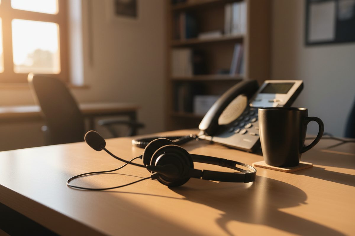 A phone headset resting on an office desk beside a desk phone and a coffee mug in late afternoon light