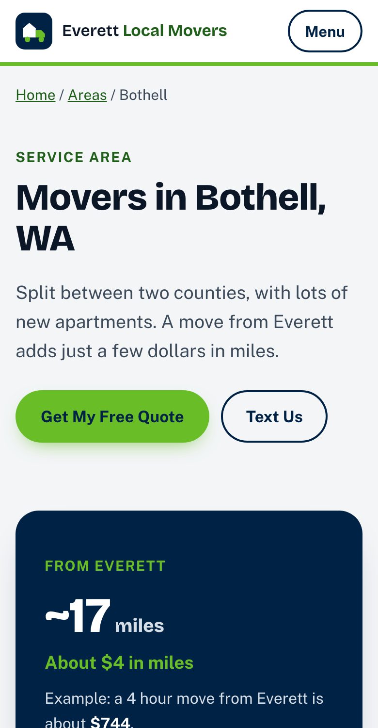 The Bothell page on everettmover.com on a phone, showing about 17 miles from Everett and about $4 in miles