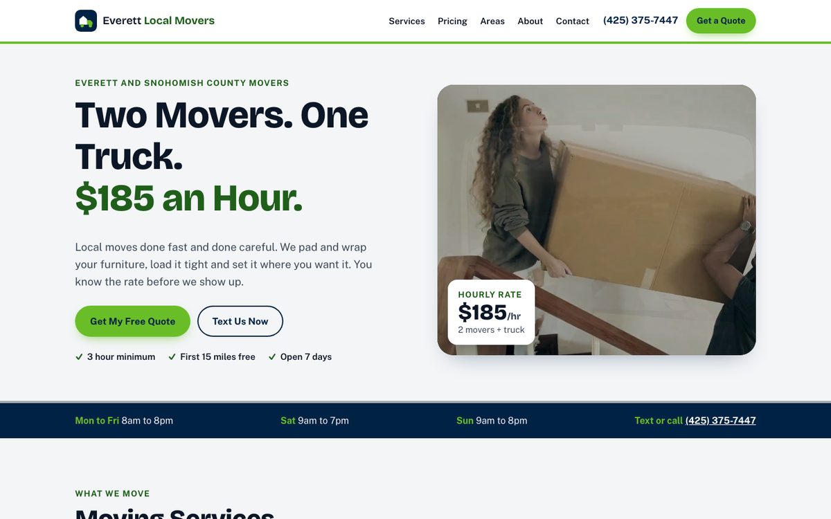 The everettmover.com homepage headline: Two Movers. One Truck. $185 an Hour.