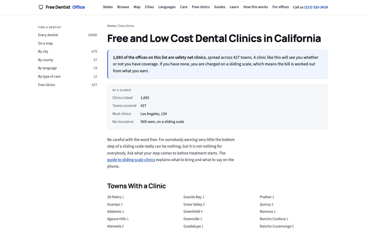 The free and low cost dental clinics in California page on freedentaloffice.com, with 1,693 clinics across 427 towns