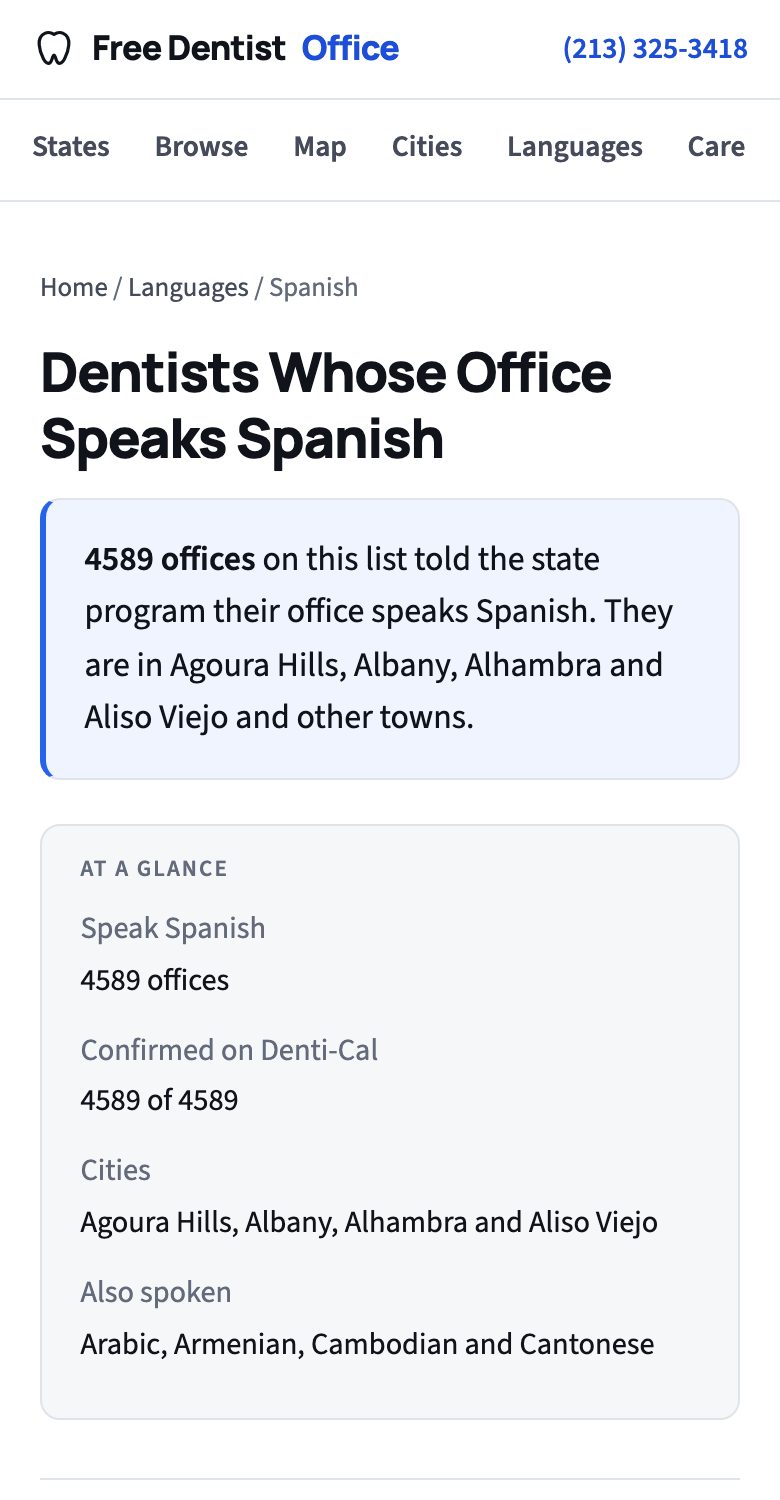 The Spanish language page on freedentaloffice.com on a phone, listing offices whose staff speak Spanish