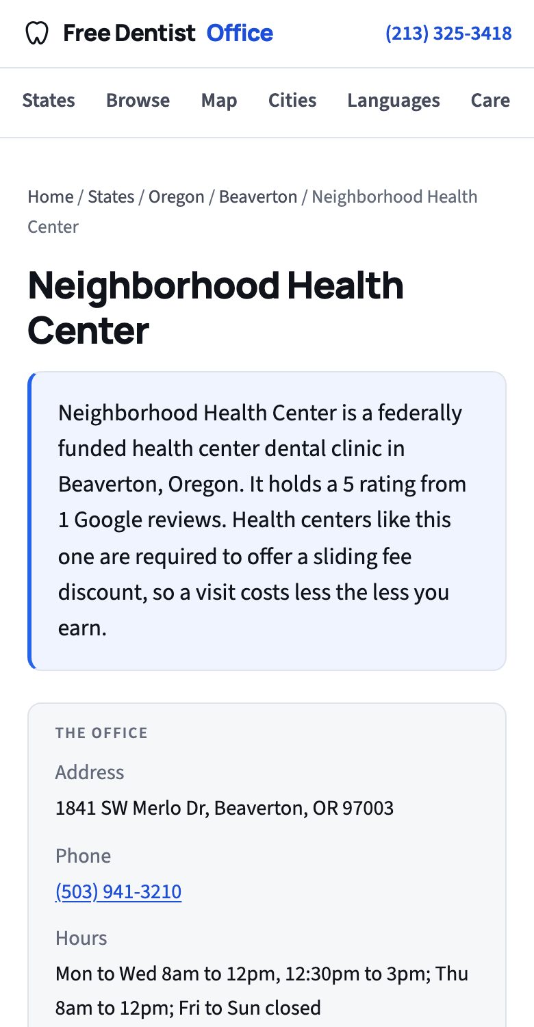 A health center page on Free Dentist Office as it looks on a phone
