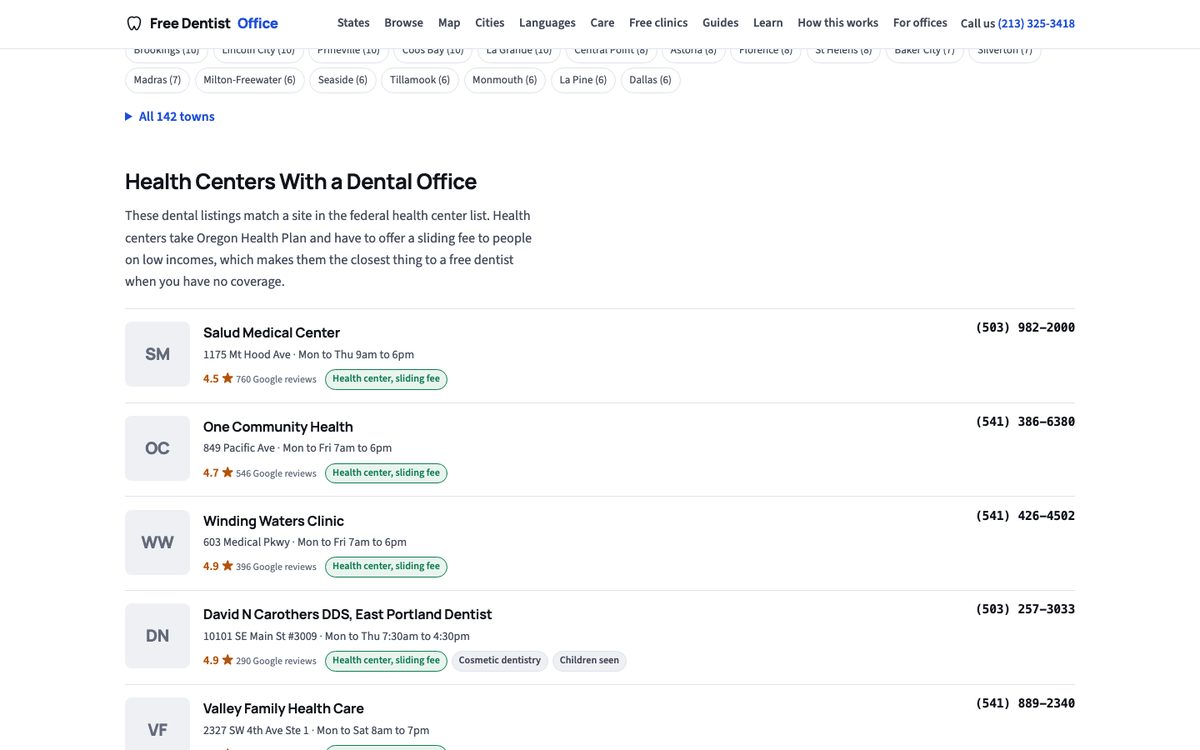 The Oregon state page on freedentaloffice.com listing health centers with a dental office