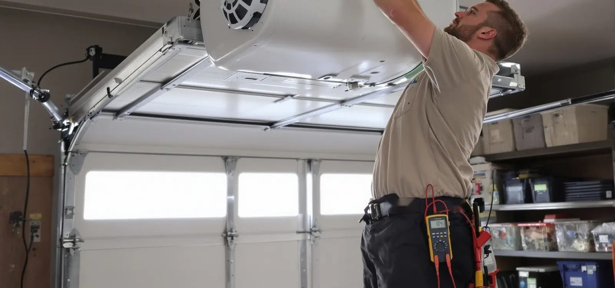 A technician with a meter on his belt working on a ceiling mounted garage door opener