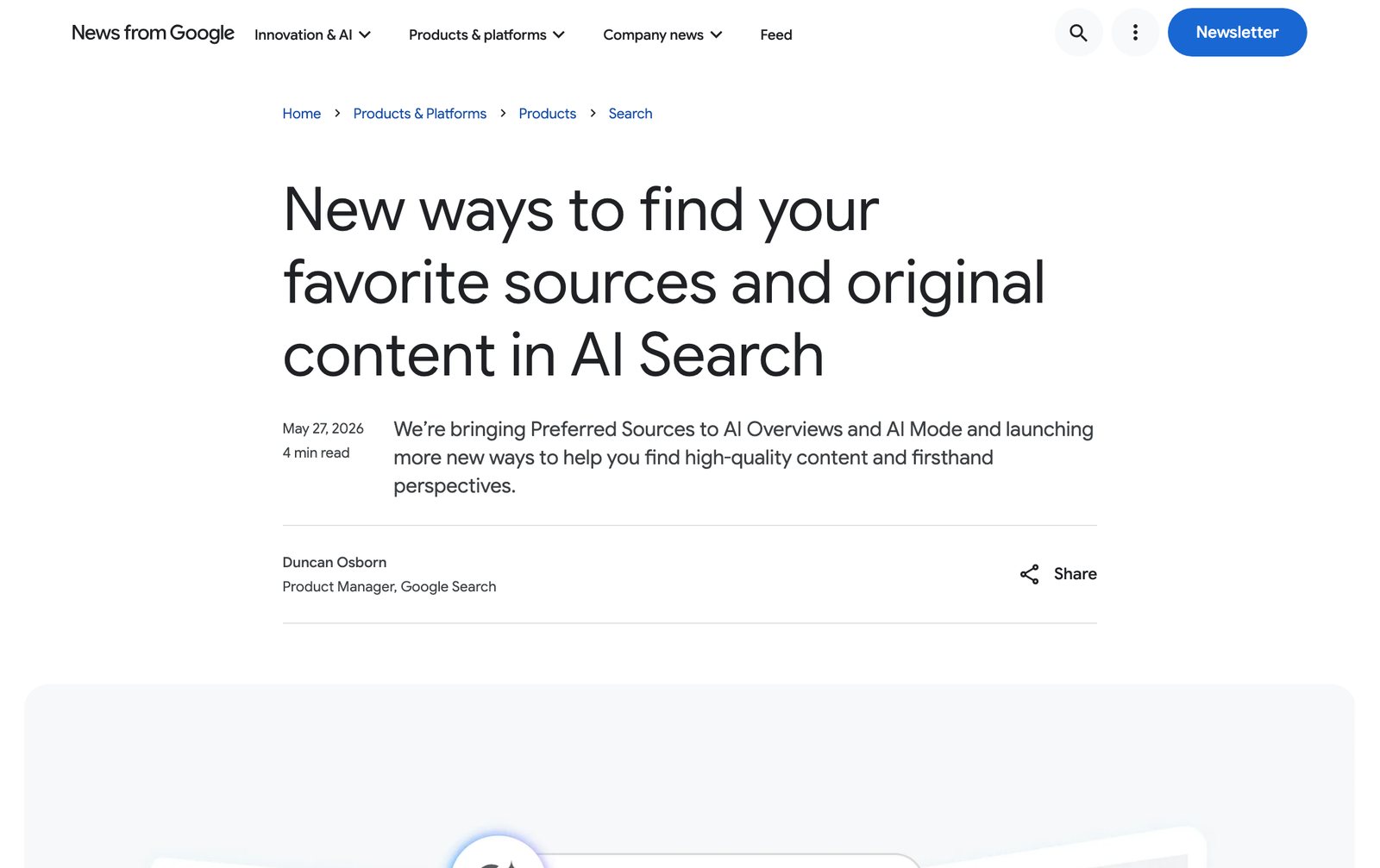 Google blog post dated May 27, 2026 titled New ways to find your favorite sources and original content in AI Search