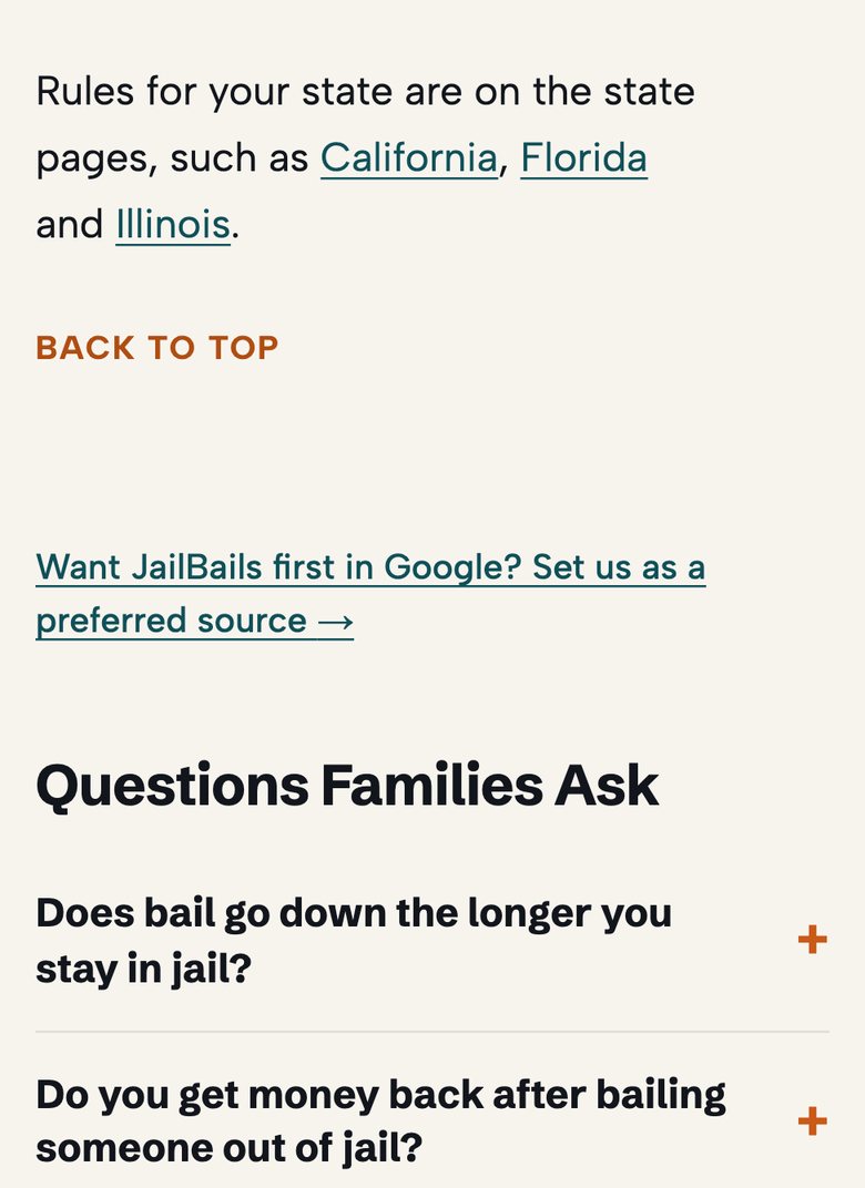 JailBails on a phone with an underlined text link at the end of the article that reads Want JailBails first in Google? Set us as a preferred source
