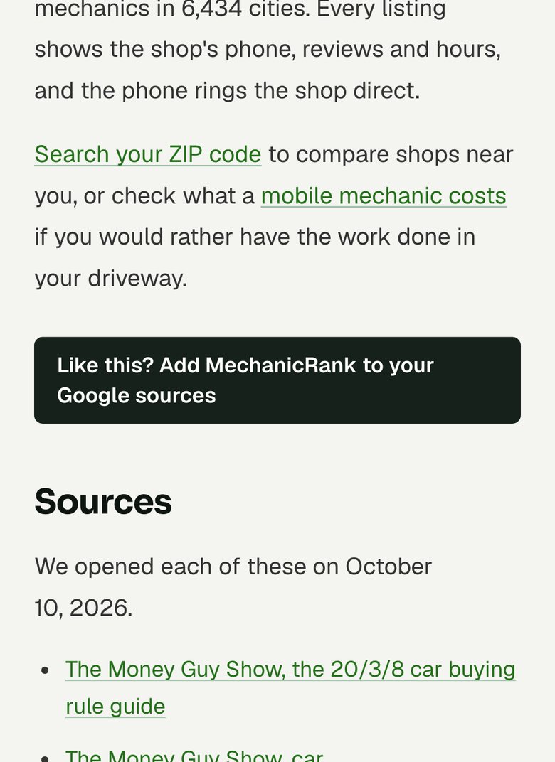 MechanicRank on a phone with a dark button above the Sources heading that reads Like this? Add MechanicRank to your Google sources