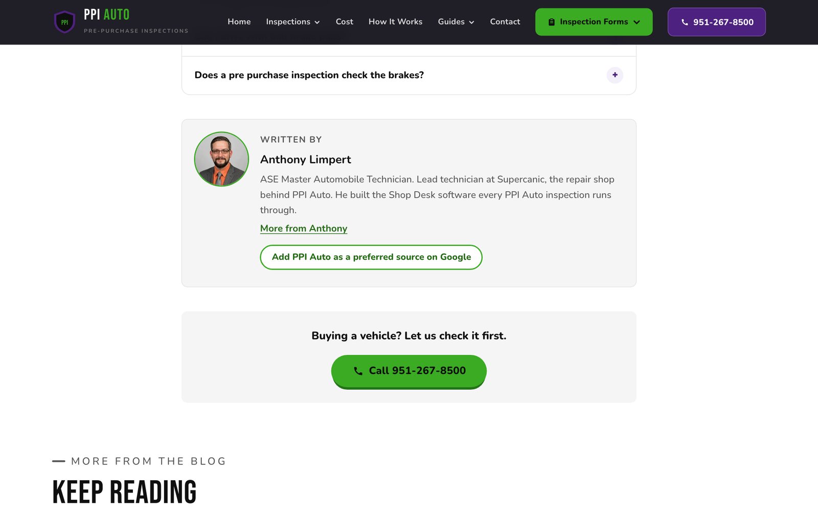 PPI Auto blog post with an outlined green pill button in the author box that reads Add PPI Auto as a preferred source on Google