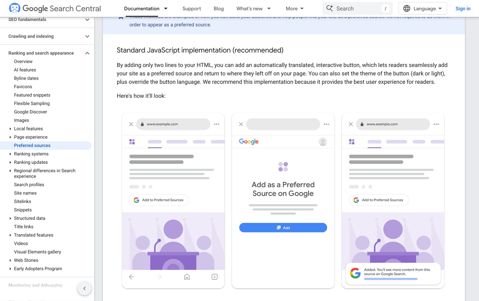 Google Search Central doc showing the reader flow: an Add to Preferred Sources button on a page, a Google screen that says Add as a Preferred Source on Google with an Add button, and a confirmation note