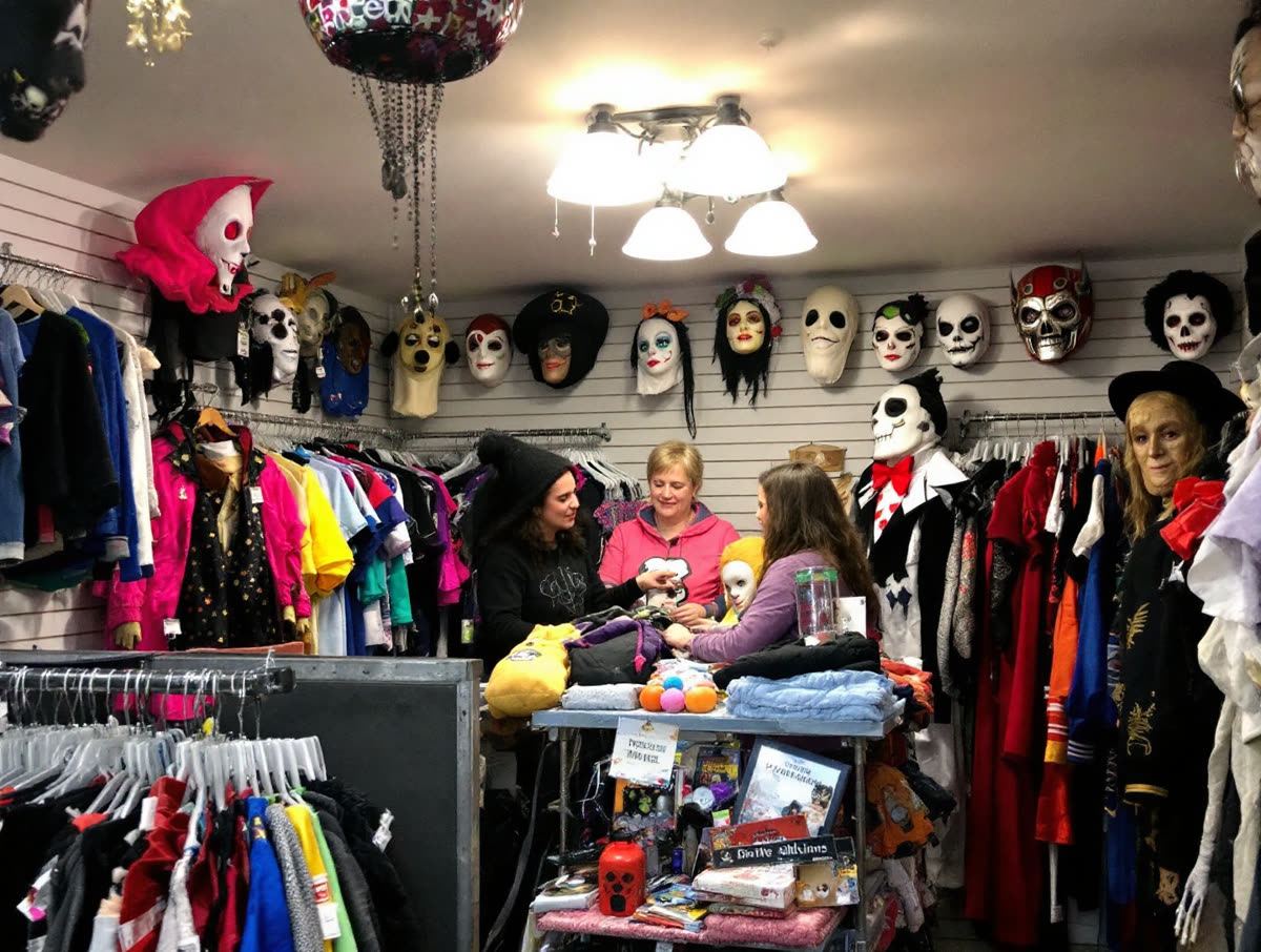 An owner helping a customer at the counter of a small independent costume shop, masks on the wall