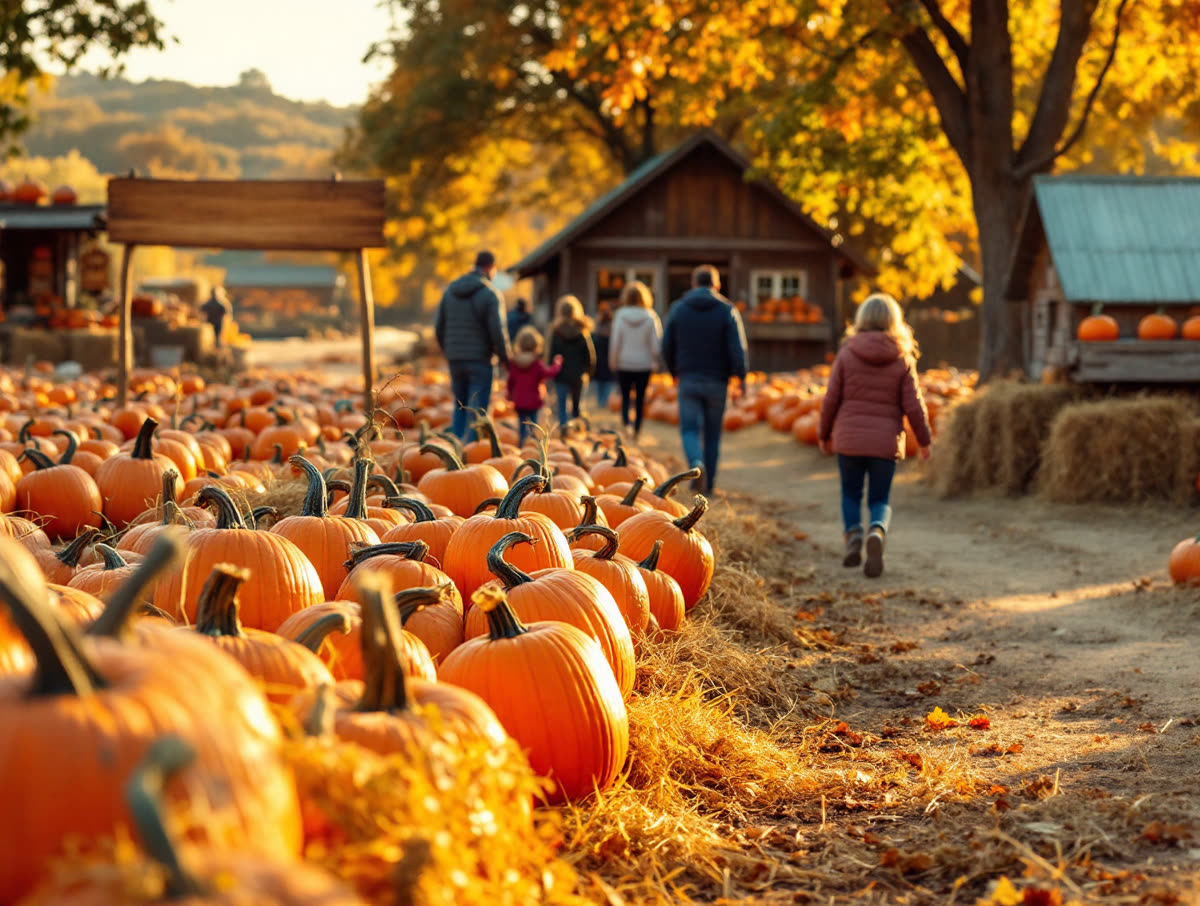 Families walking past rows of orange pumpkins and hay bales at a farm pumpkin patch in October