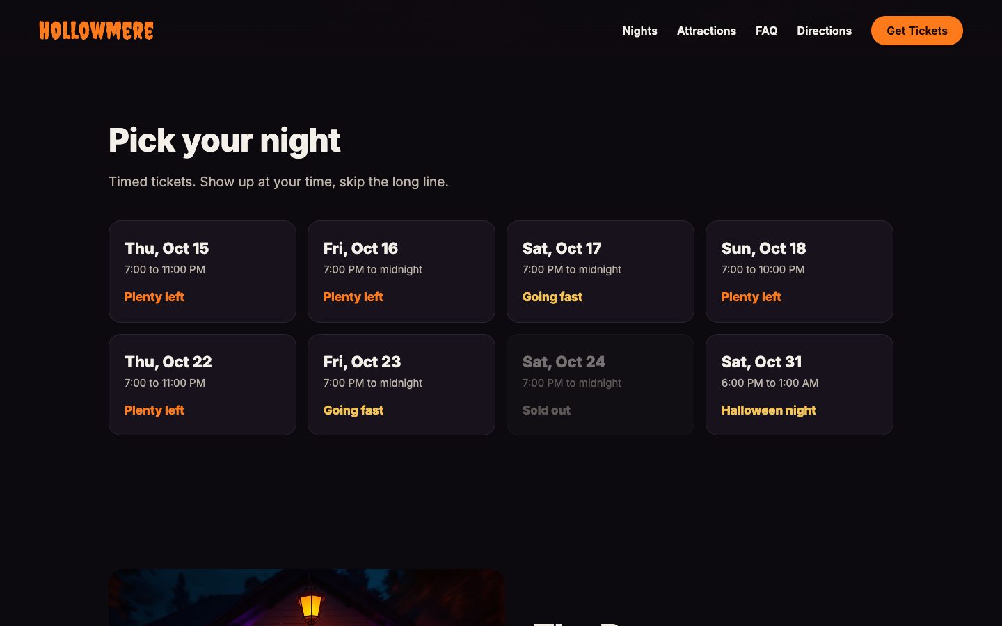 Sample site section titled Pick your night, with eight dates marked plenty left, going fast or sold out