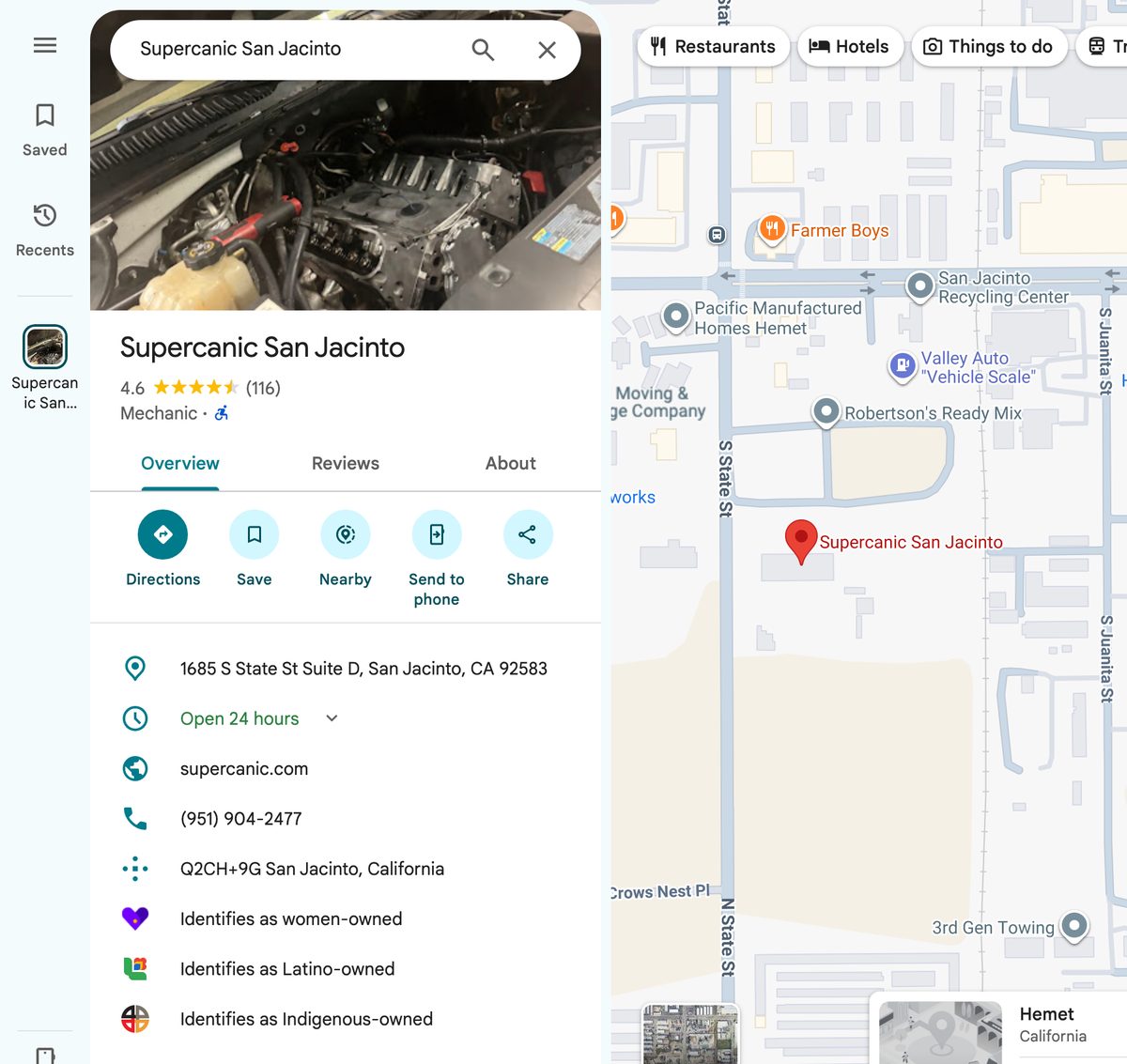 Supercanic San Jacinto&rsquo;s Google Business Profile in Google Maps with its category, rating, address, 24 hour hours, website, phone and attributes filled in