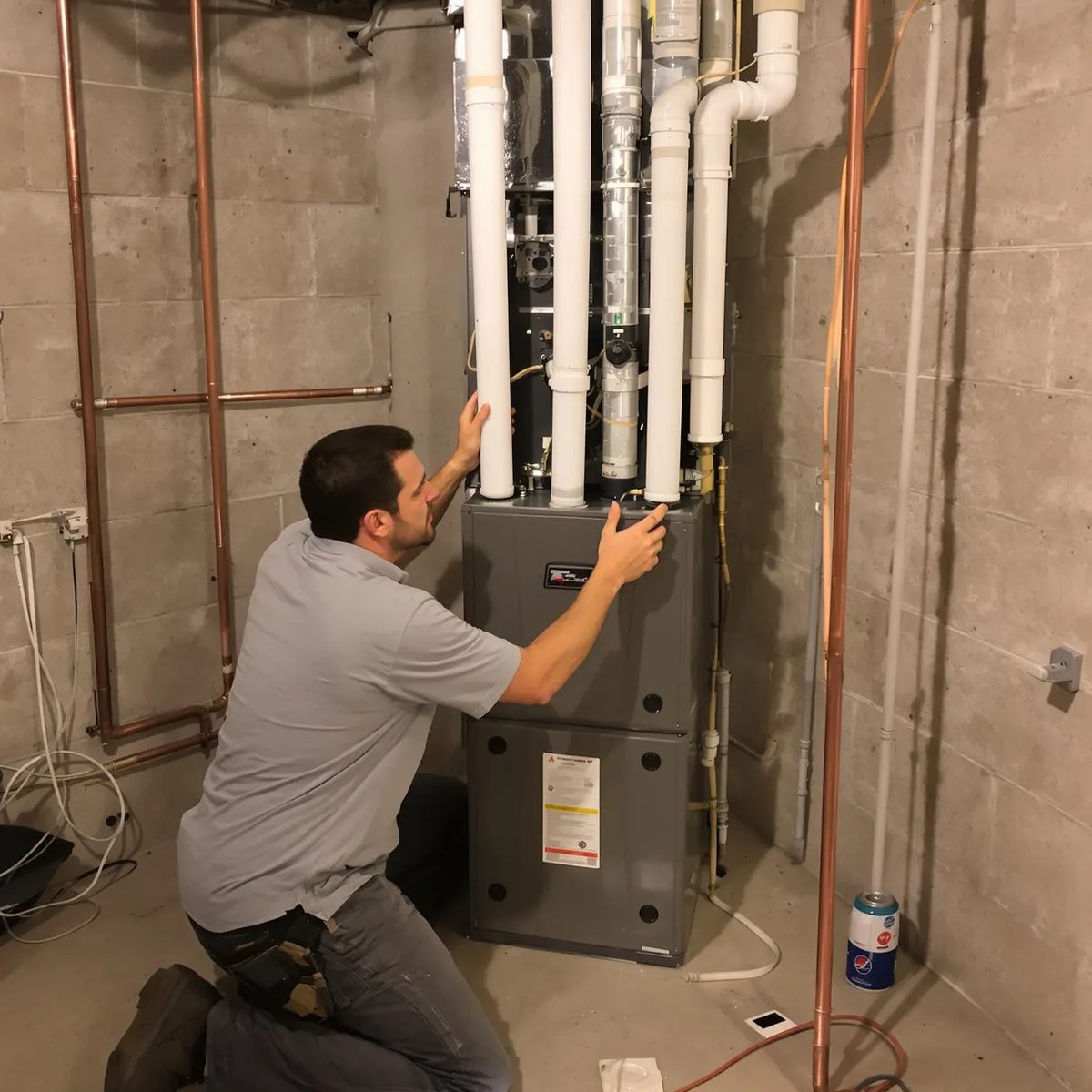An HVAC technician kneeling at a furnace in an unfinished basement, white vent pipes rising to the ceiling