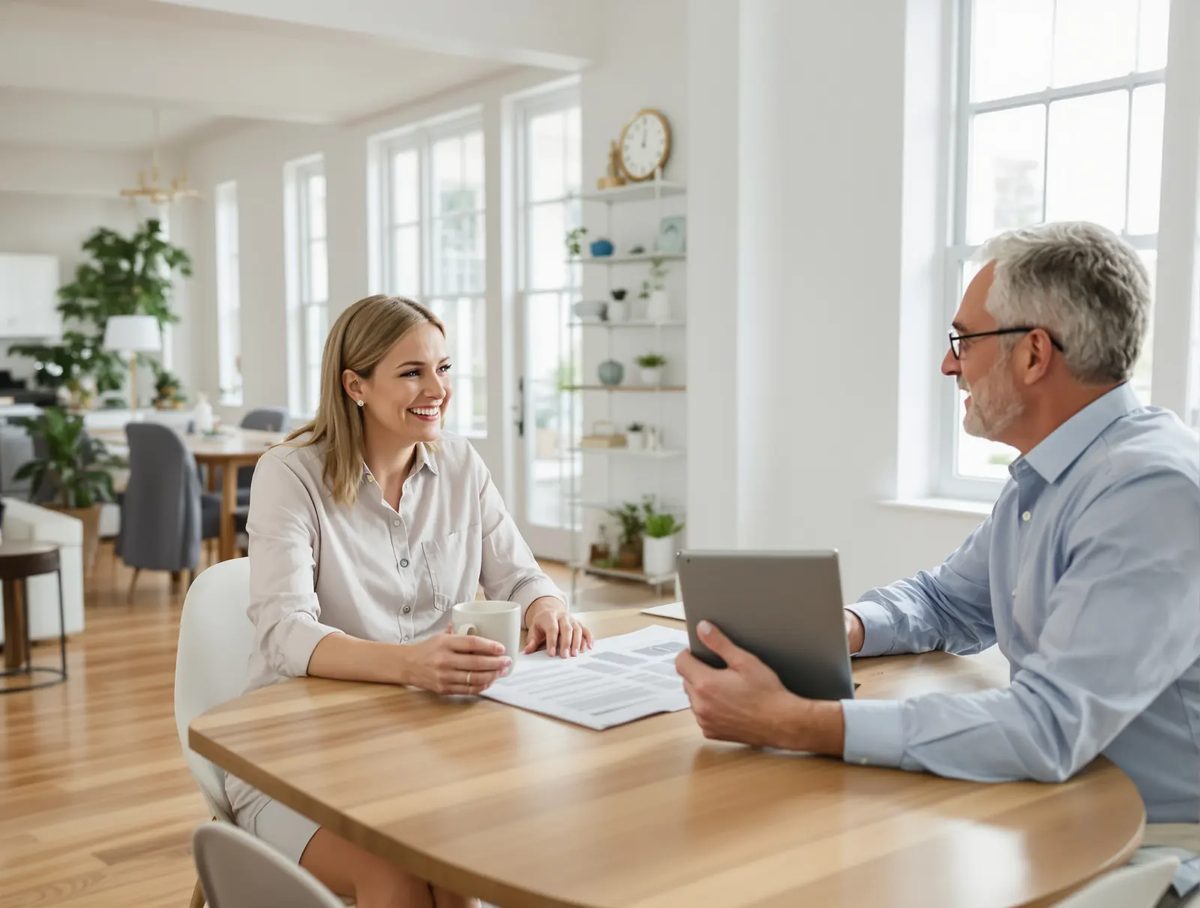 A man with a tablet talking with a smiling homeowner at a kitchen table