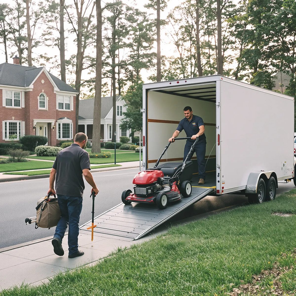 Two lawn care workers loading a red mower up the ramp of an enclosed trailer on a suburban street