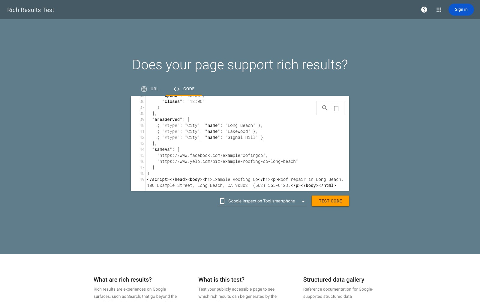 Google Rich Results Test on the Code tab with the Example Roofing Co JSON-LD block pasted in and the Test Code button ready