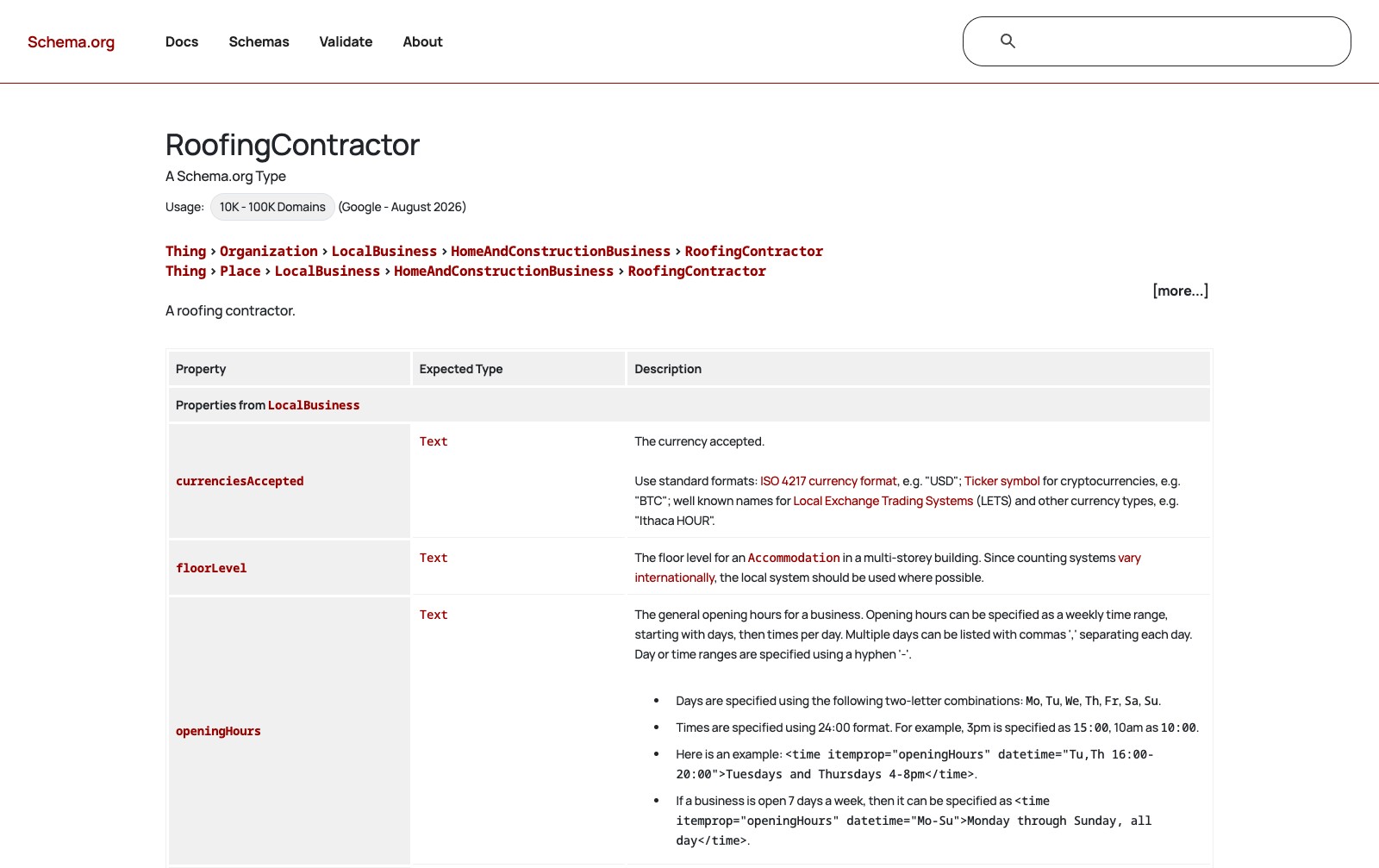 Schema.org page for the RoofingContractor type showing the path Thing, Organization, LocalBusiness, HomeAndConstructionBusiness, RoofingContractor and its list of properties