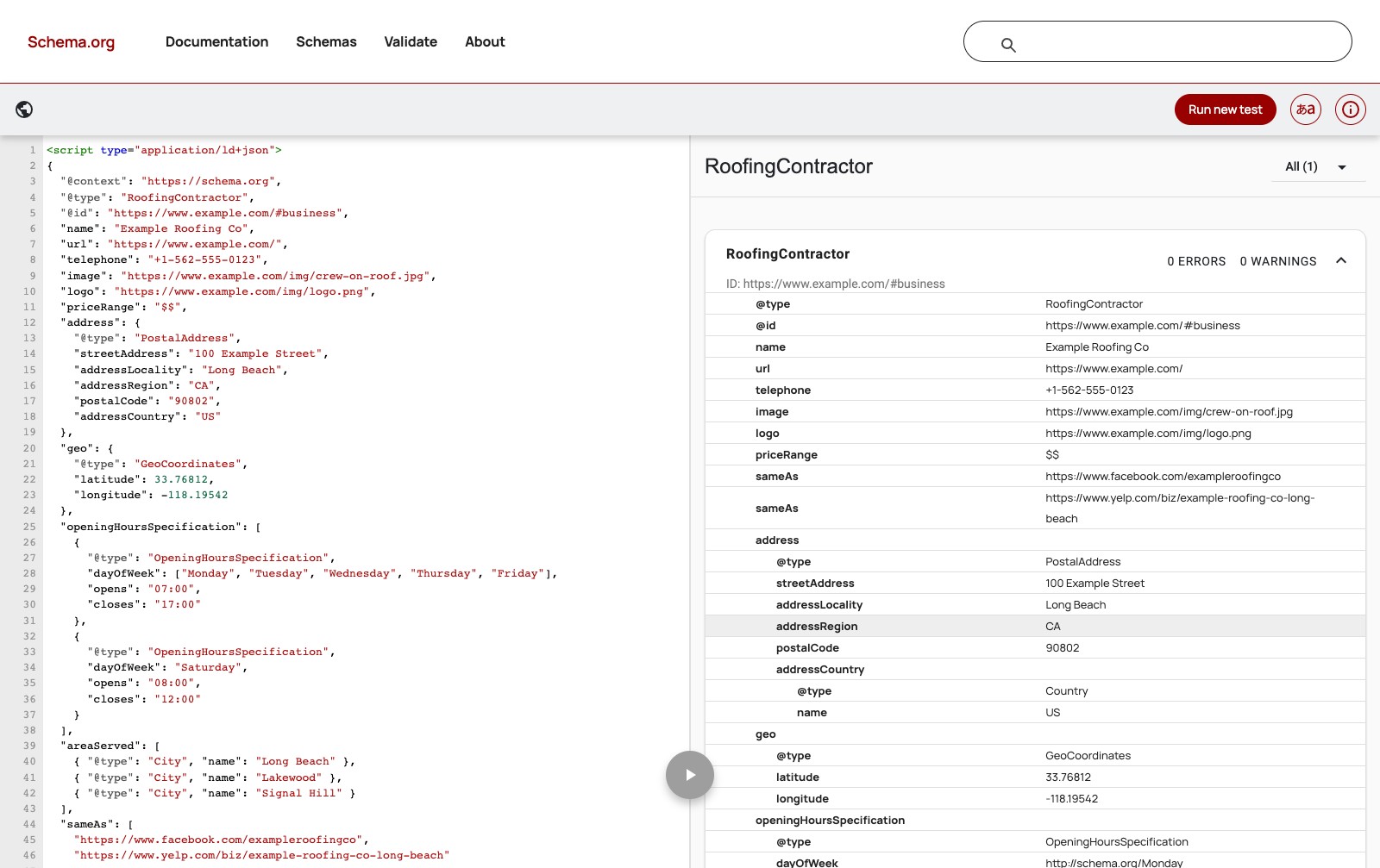 Schema Markup Validator with the Example Roofing Co code on the left and a RoofingContractor result on the right showing 0 errors and 0 warnings with name, telephone, address and geo values listed